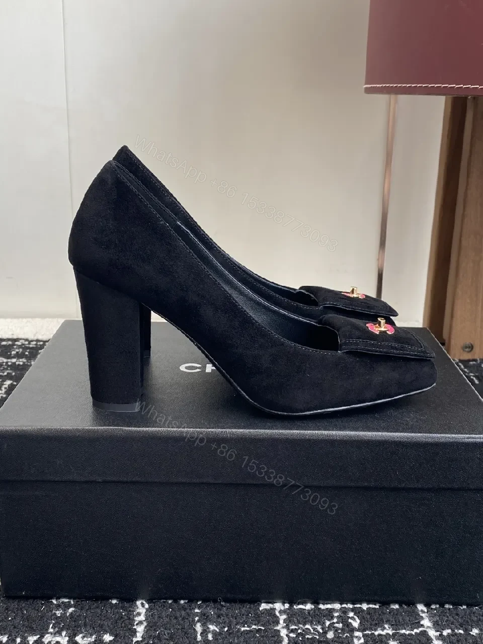 View 9 of Elegant Black Suede Pumps with Logo Detail Leather Heel