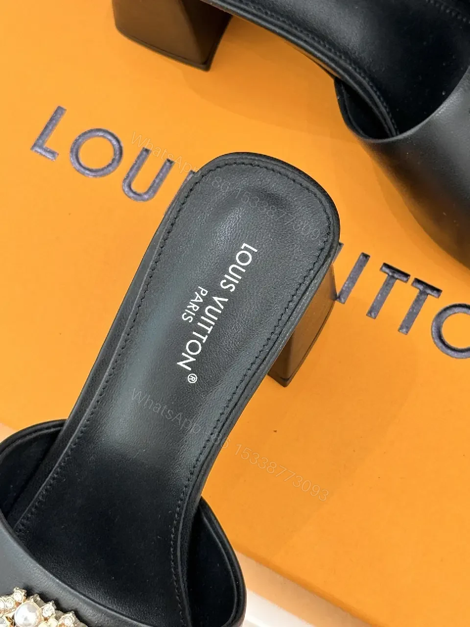 View 7 of Black Leather Slingback Slides — Crystal Emblem, 2" Block Heel