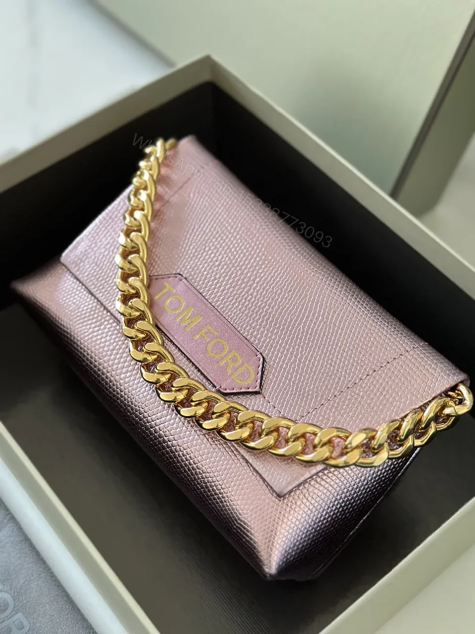 View 5 of Chic Metallic Wallet on Chain: Textured Pink Leather, Gold Chain, Luxury Style, Cardholder Wallet