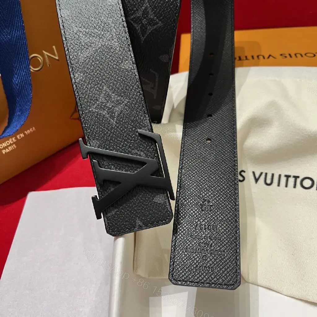 View 6 of Black Leather Modern Luxury Belt with LV Buckle Signature Pattern