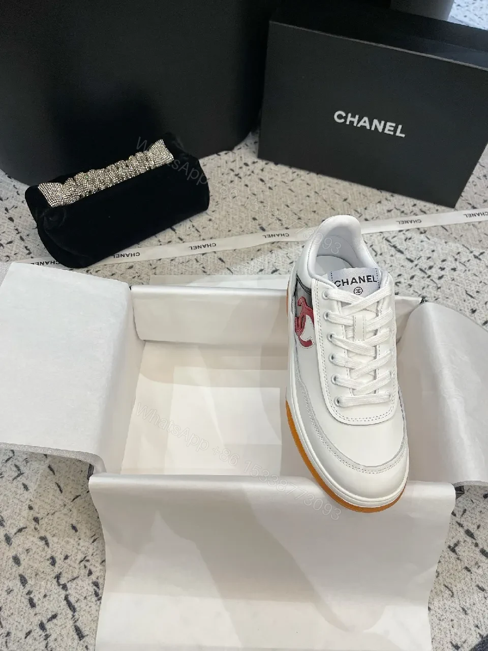 View 5 of White Leather High-Top Sneakers with Logo Accent