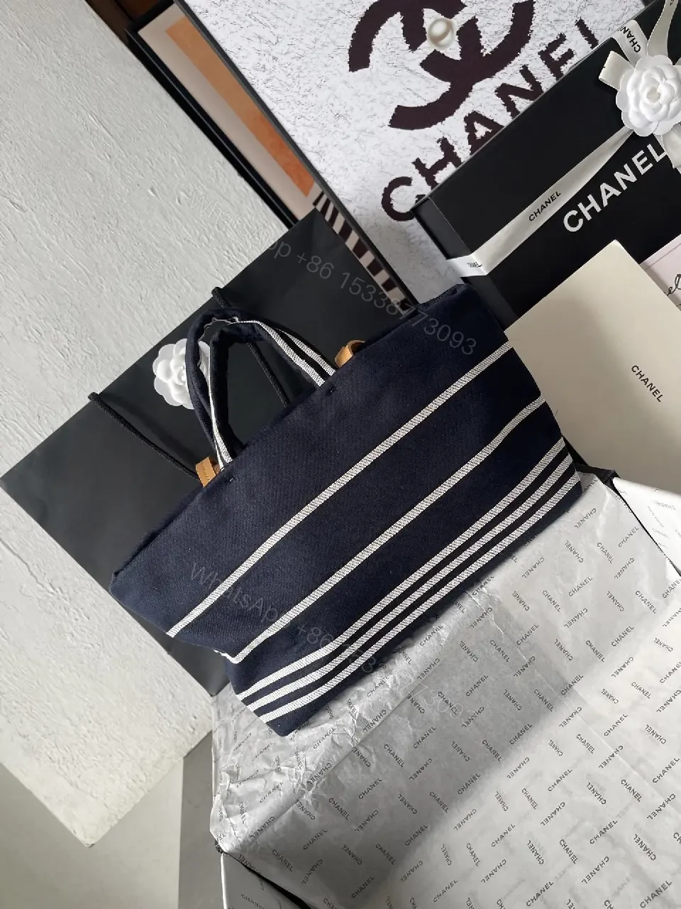 View 6 of Navy Canvas Striped Tote: Luxe Everyday Carryall