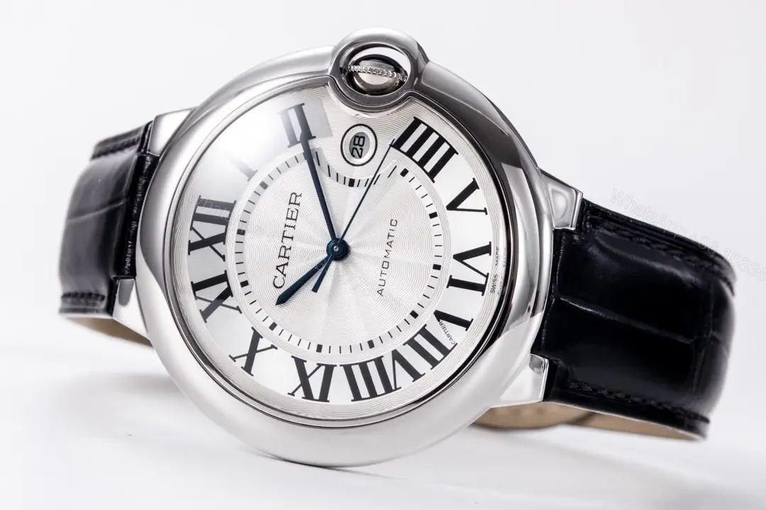 View 7 of TW Factory Cartier Ballon Bleu 42mm Automatic Watch – Silver Dial with Black Leather Strap