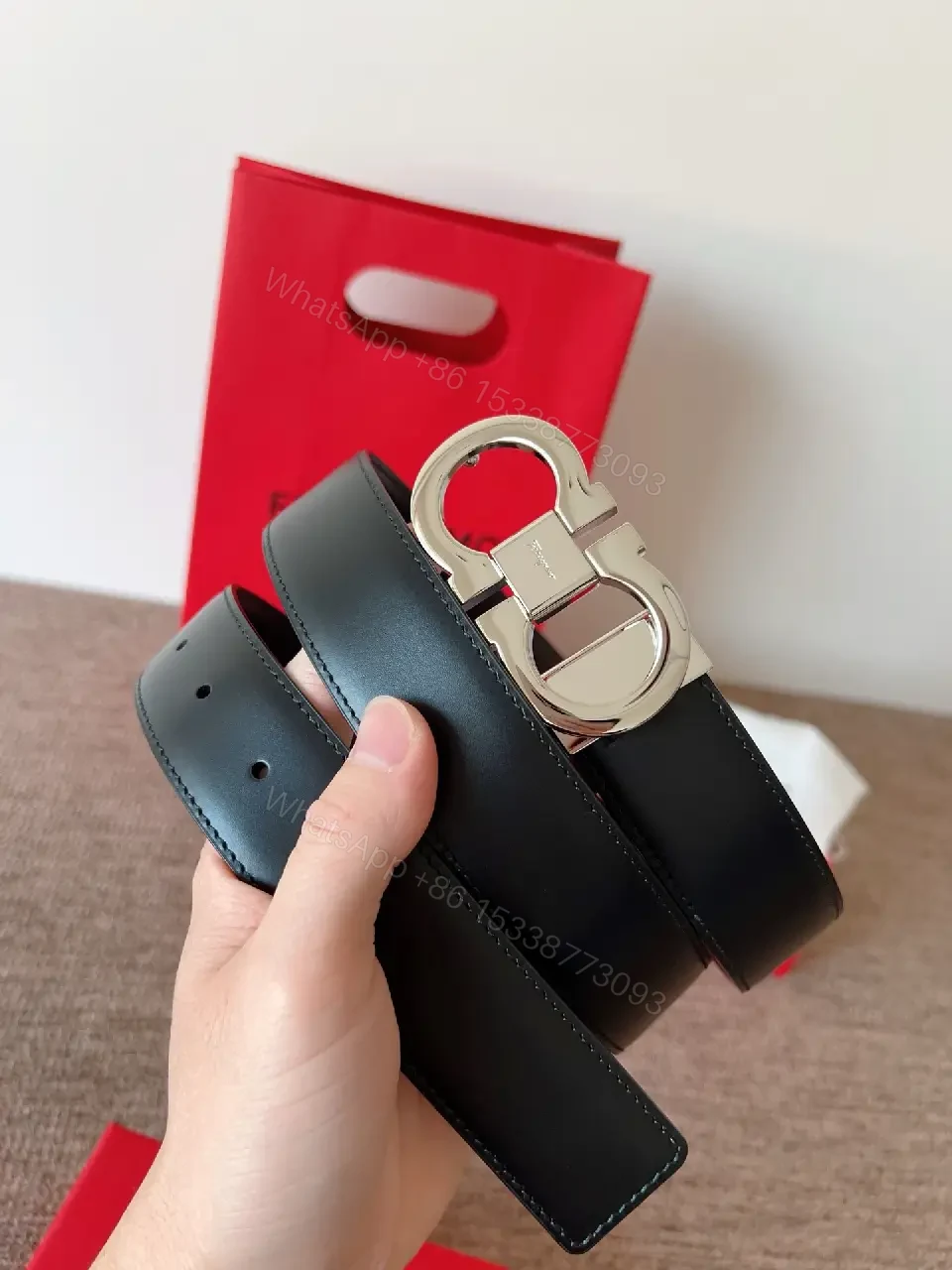 View 8 of Statement Black Leather Belt with Double-Circle Buckle