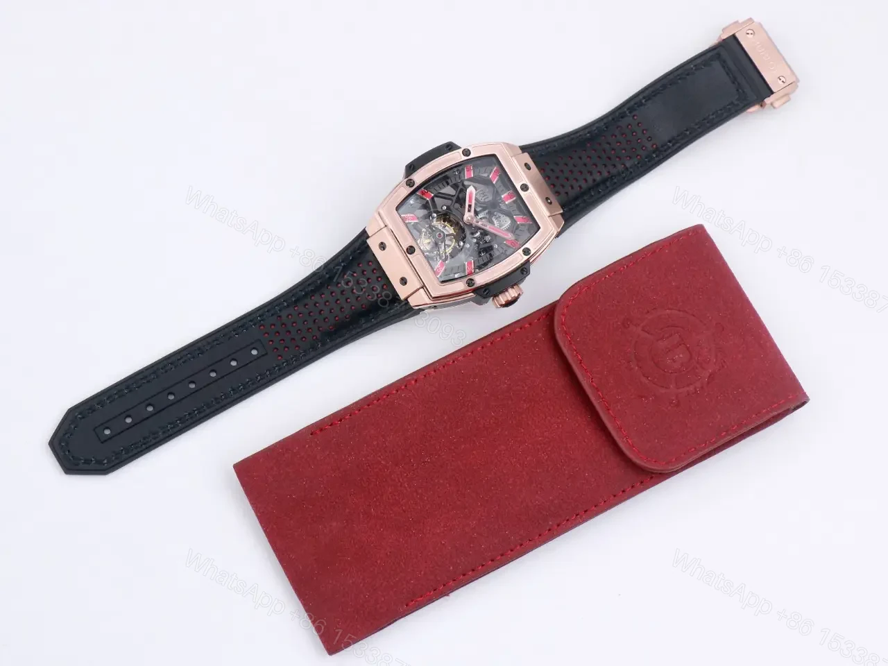 View 3 of Hublot Masterpiece Series 906 Tourbillon Watch Rose Gold/Platinum Black Leather Strap with Red Accents Sapphire Crystal