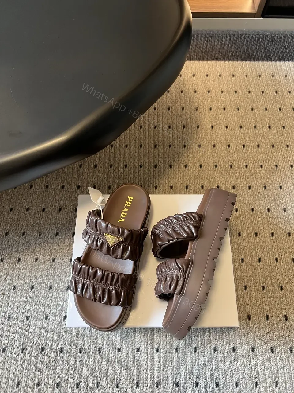 View 5 of Brown Leather Slid​ers Padded Ruched Casual Metro Logo Slides