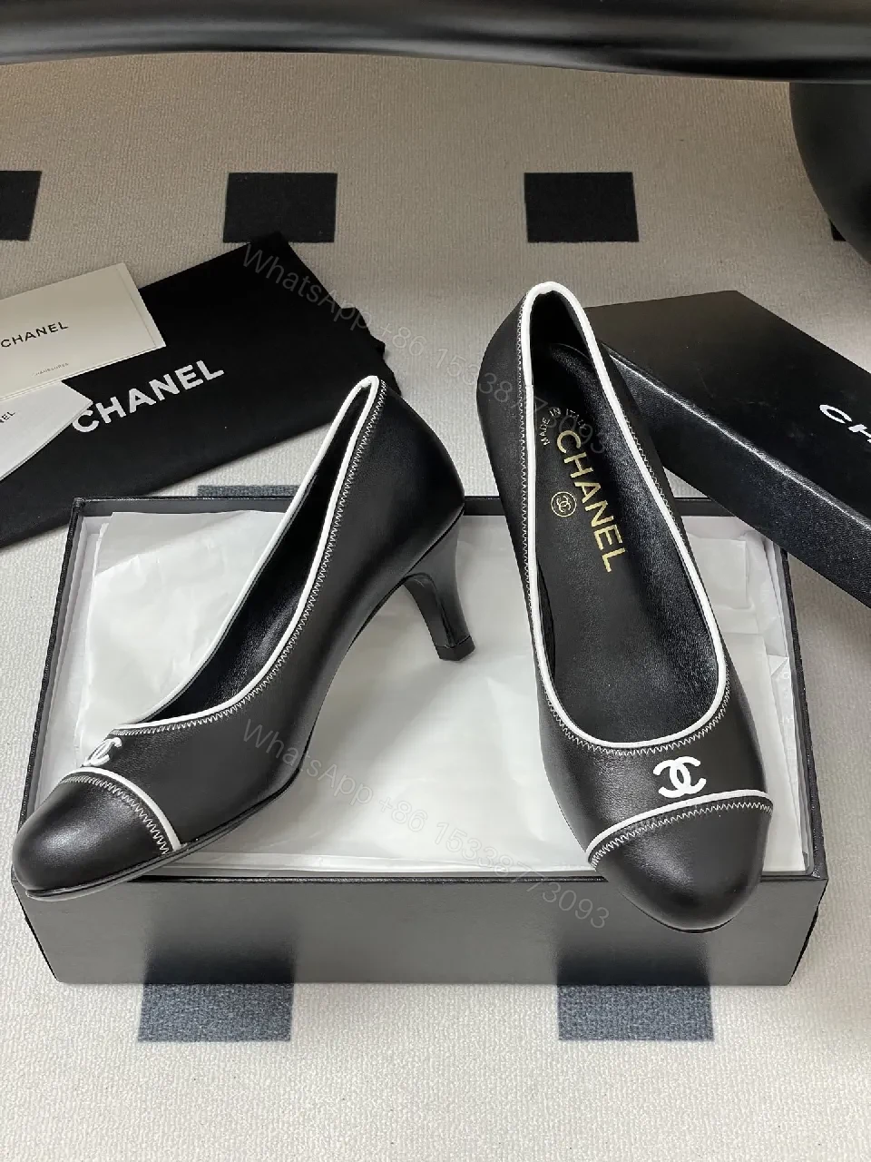 View 7 of Black Leather Heels - White Piping, Logo Detail, 2.5" Heel