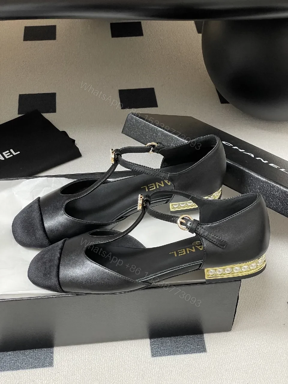 View 5 of Chic Black Suede T-Strap Pumps with Pearl Clasp