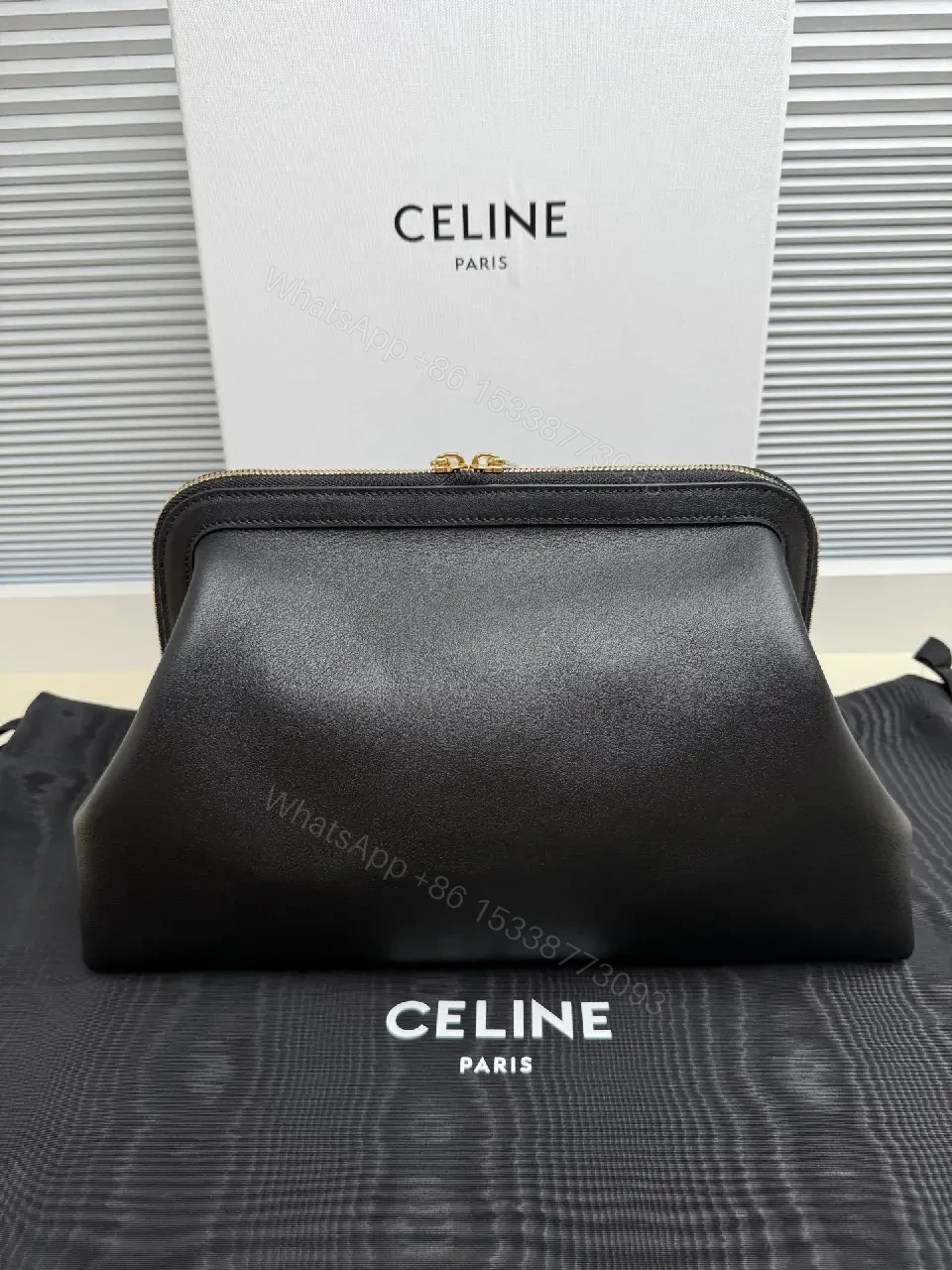 View 8 of Black Leather Minimalist Satchel with Gold Hardware, Structured
