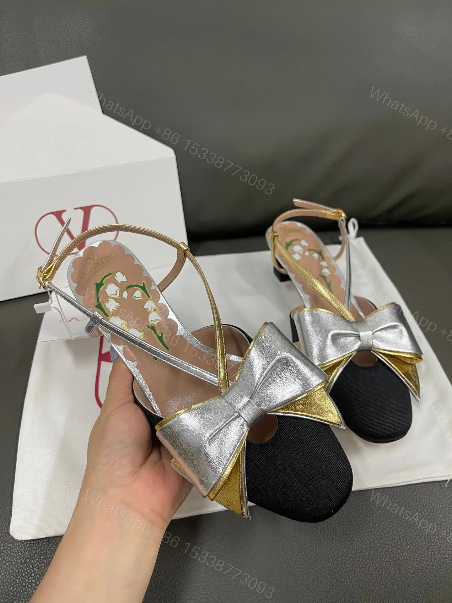 View 5 of Valentino Women Black Satin Silver Gold Leather Heels