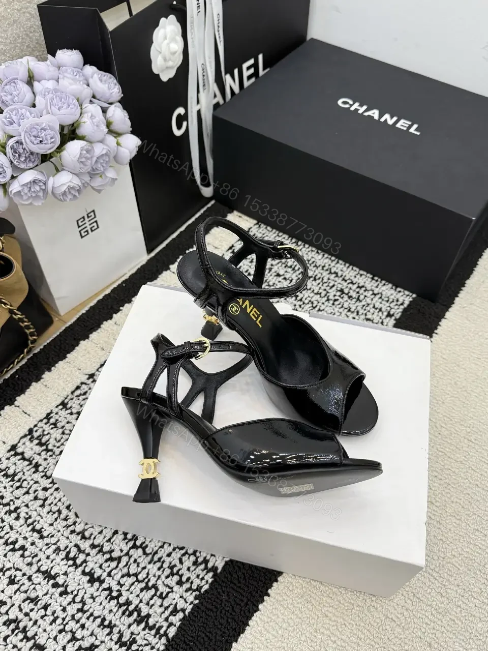 View 6 of Glitter-Accent Patent High-Heel Sandals - Strappy, Open-Toe, Ankle-Glitz