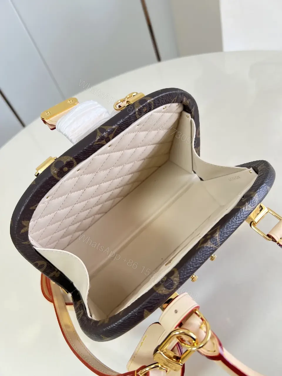 View 3 of Dark Brown Canvas Satchel: Leather Trim, Gold Hardware, LV Monogram