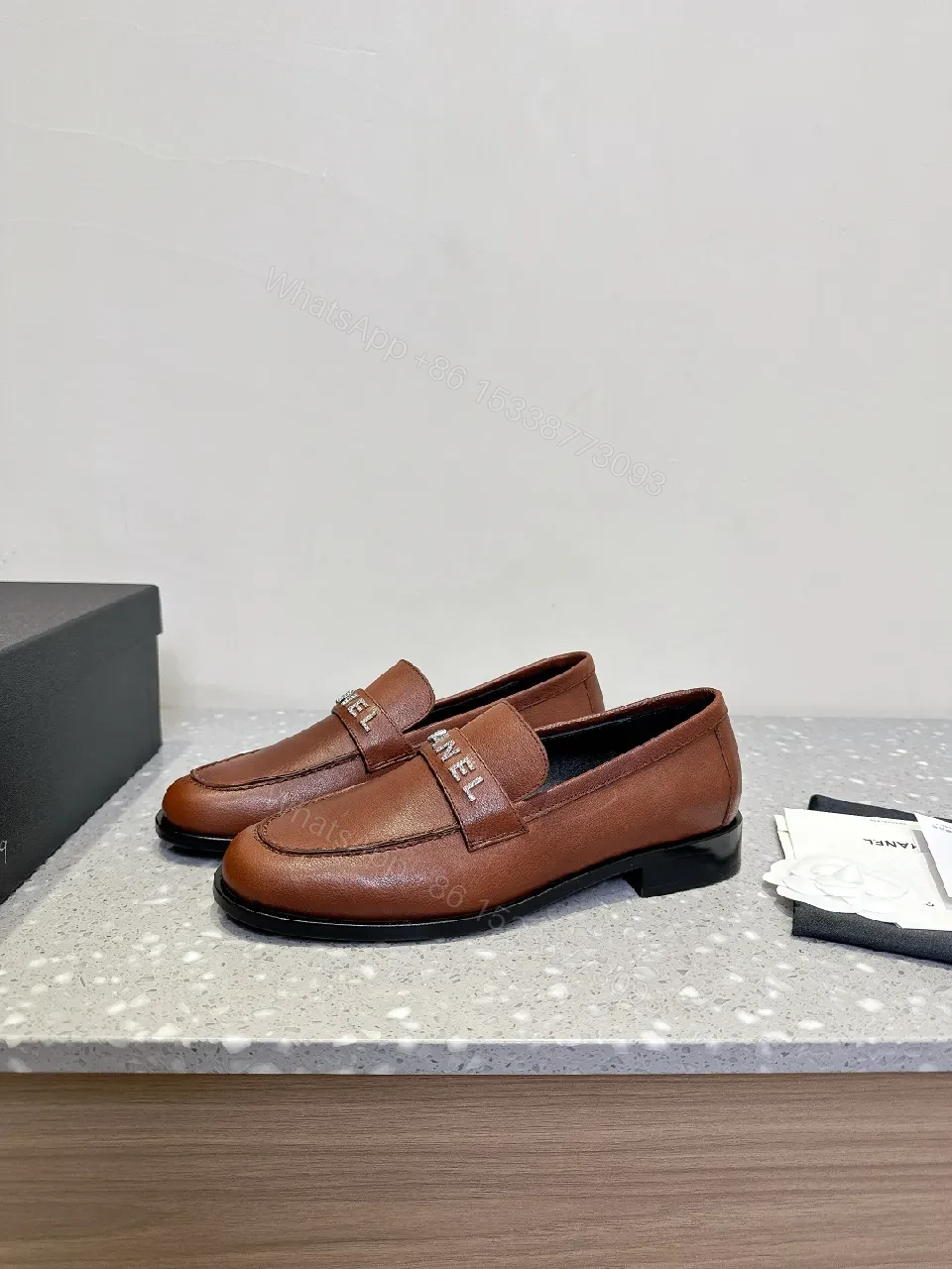 View 4 of Caramel Leather Moccasin Loafers with Band Accent