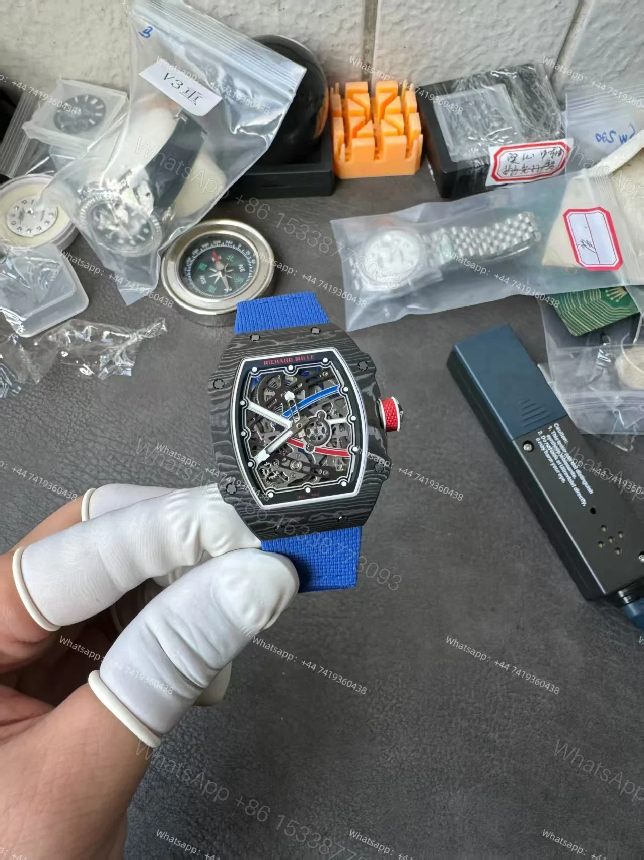 View 12 of Super Clone Richard Mille RM67-02 Carbon TPT Skeleton Tourbillon 1:1 Replica Watch with Blue Strap