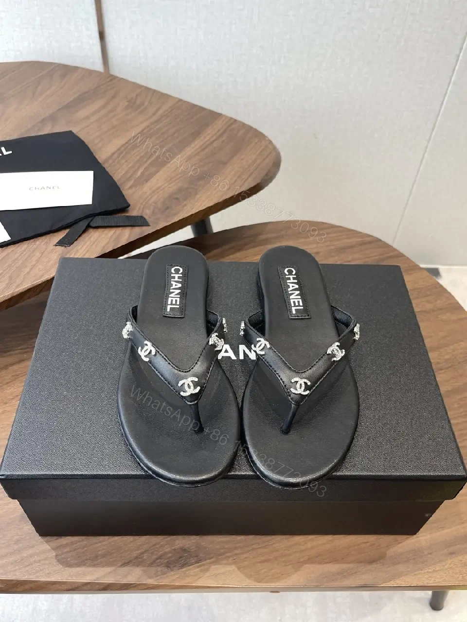 View 10 of Black Leather Flip-Flops Faux Pearl Thong Comfort CHANEL-inspired Sliders