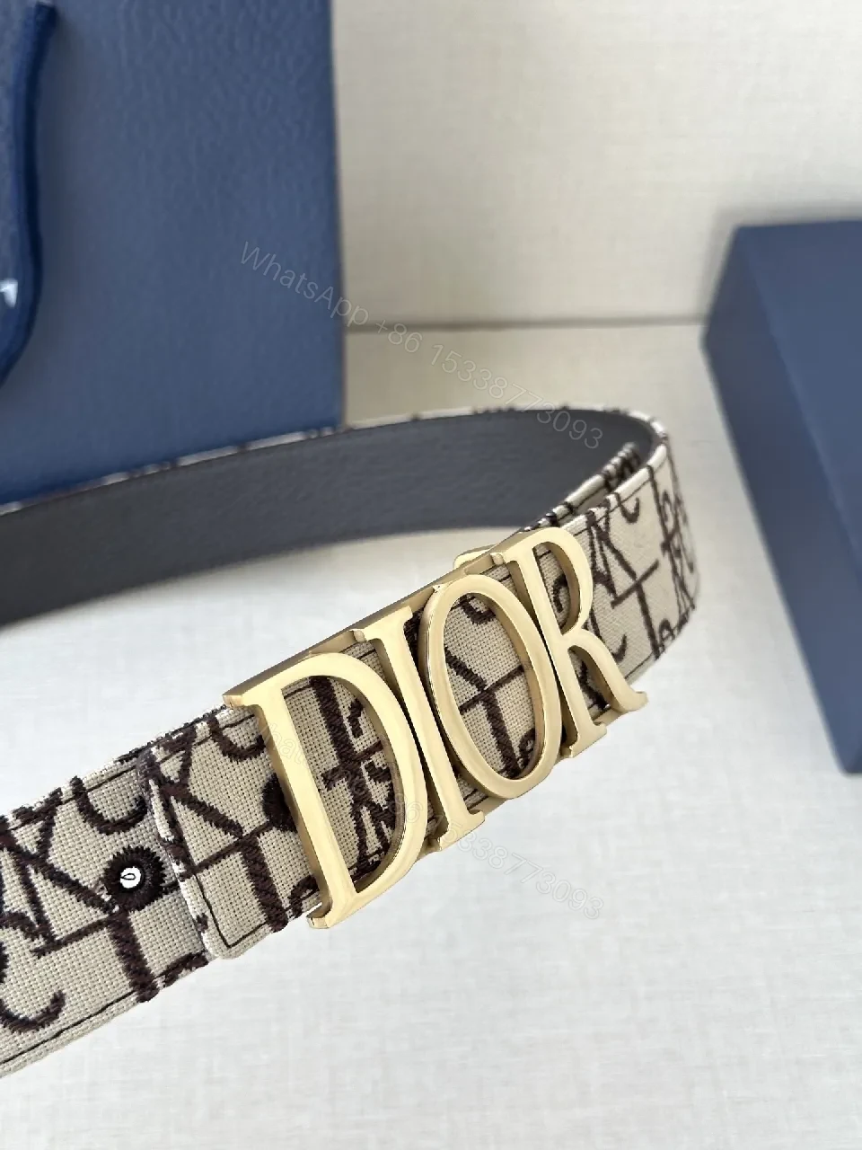 View 5 of Monogram Canvas Belt with Gold Logo Buckle, Black Interior