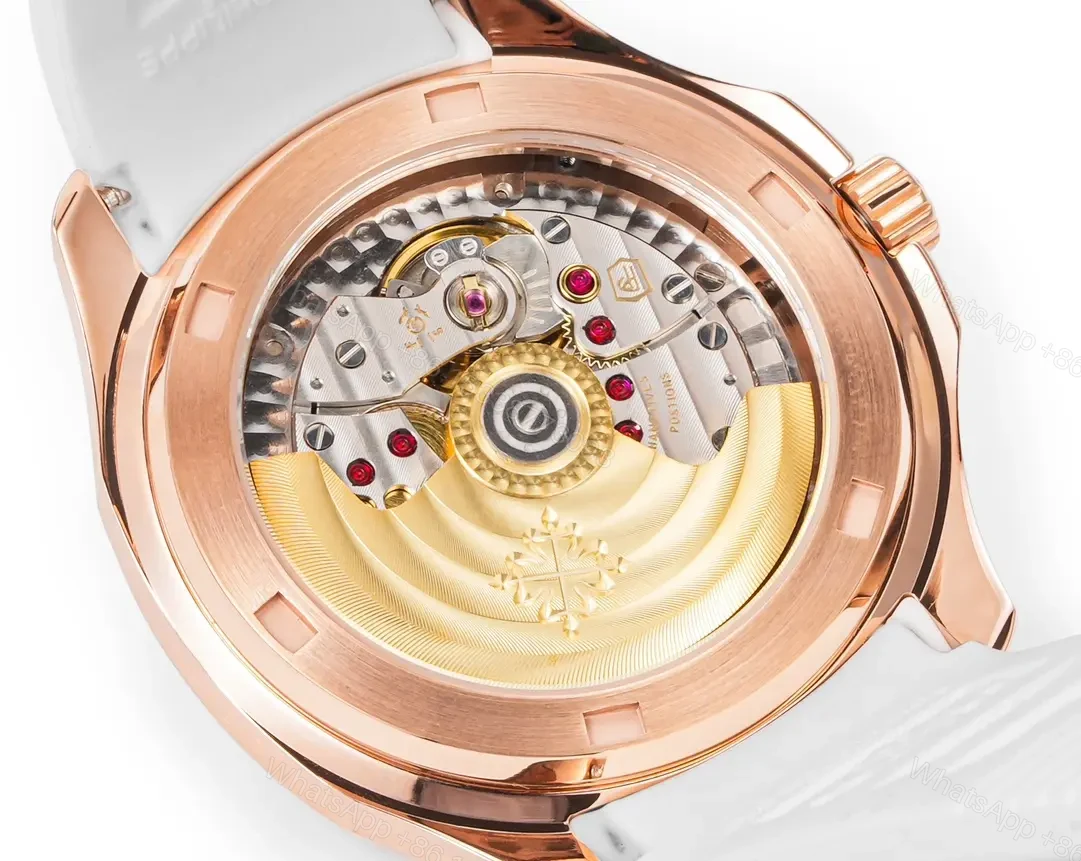 View 7 of Patek Philippe Aquanaut Luce 5268 Series Watch Rose Gold with Diamond Bezel White Rubber Strap Modern Casual Elegant Style