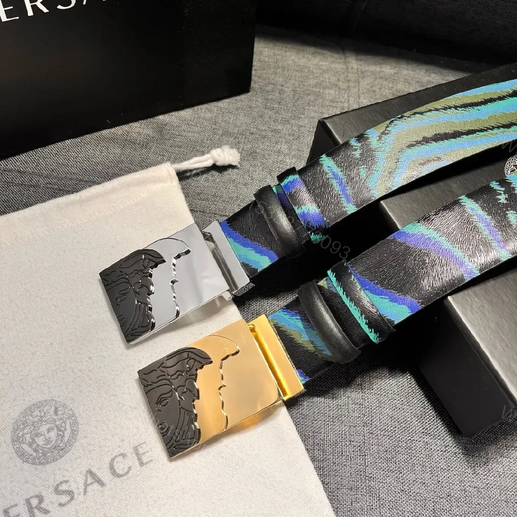 View 3 of Teal-Sapphire Striped Leather Belt with Brushed Buckle
