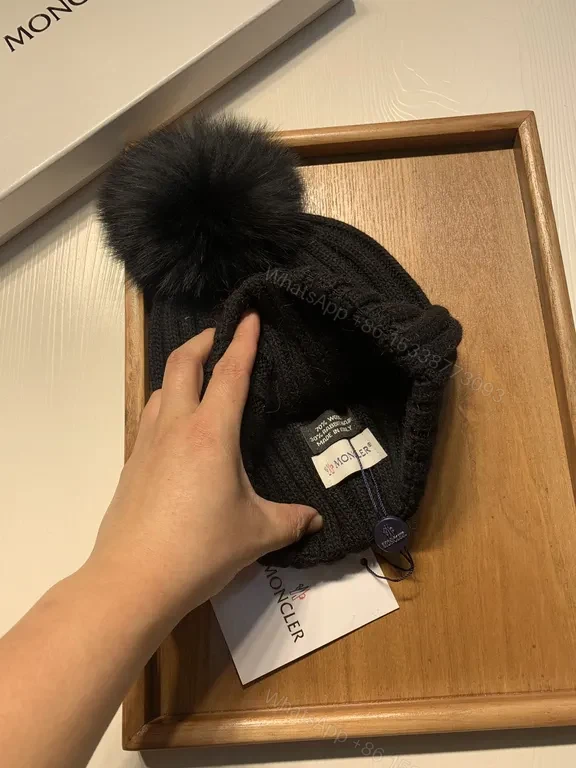 View 7 of Moncler Wool-Blend Beanie with Faux-Fur Pom, Black, Luxury Style