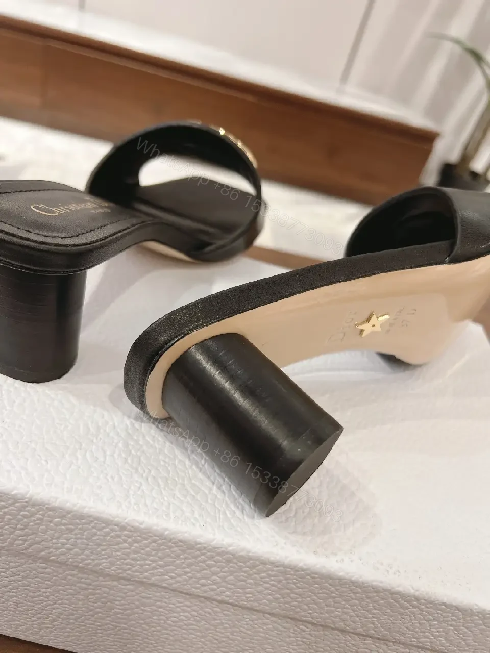 View 7 of Black Leather Sandals with Gold Logo Buckle, Dior Style, Slide Sandals
