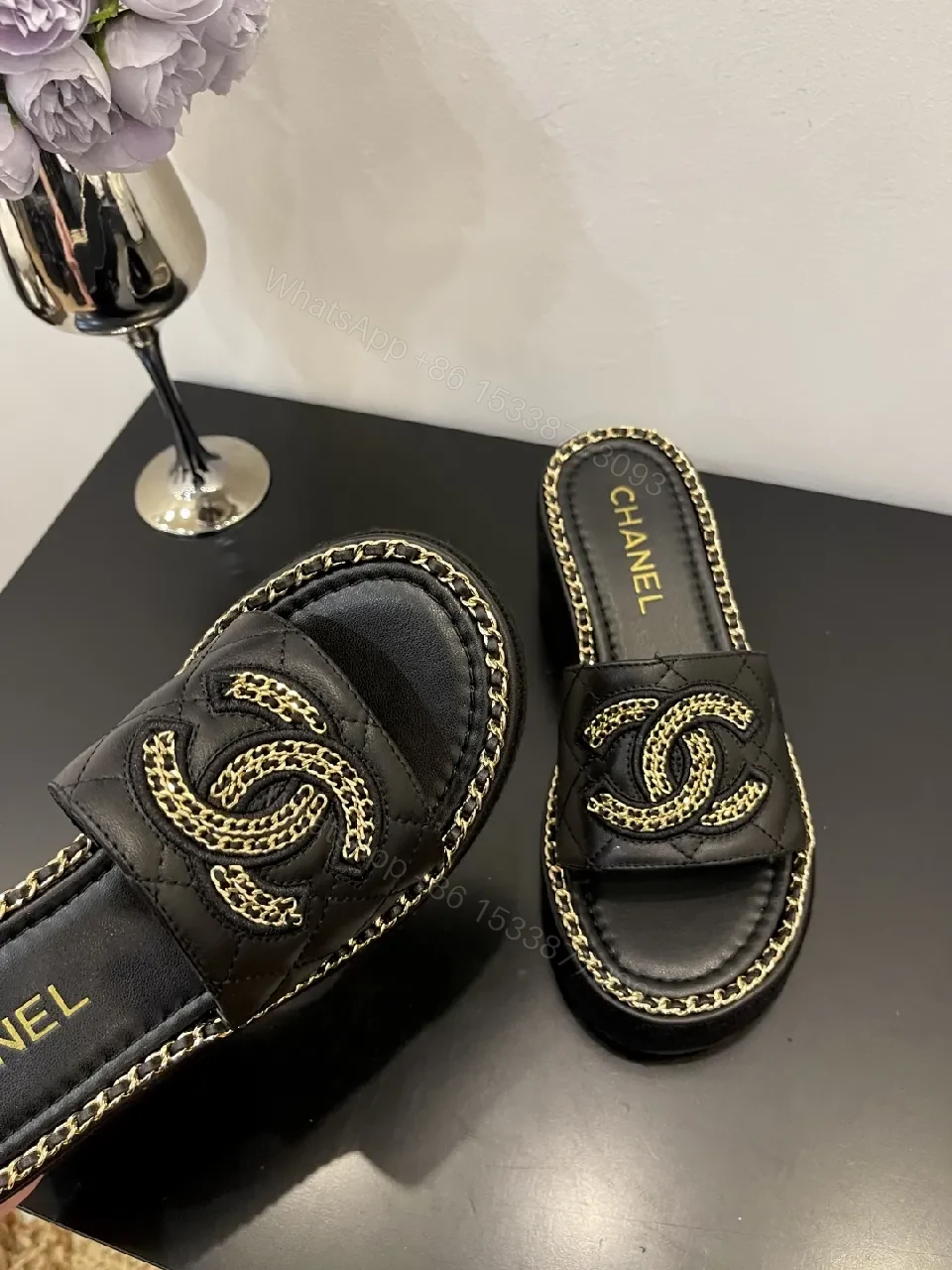 View 6 of Quilted Black Slides with Chain Trim - Couture Comfort Footwear