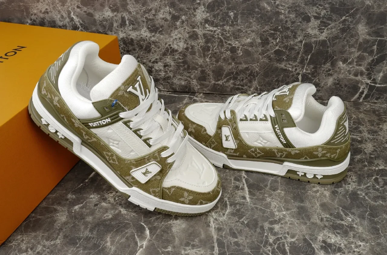 View 3 of Beige Leather High-Top Sneaker with LV Motif and Strap
