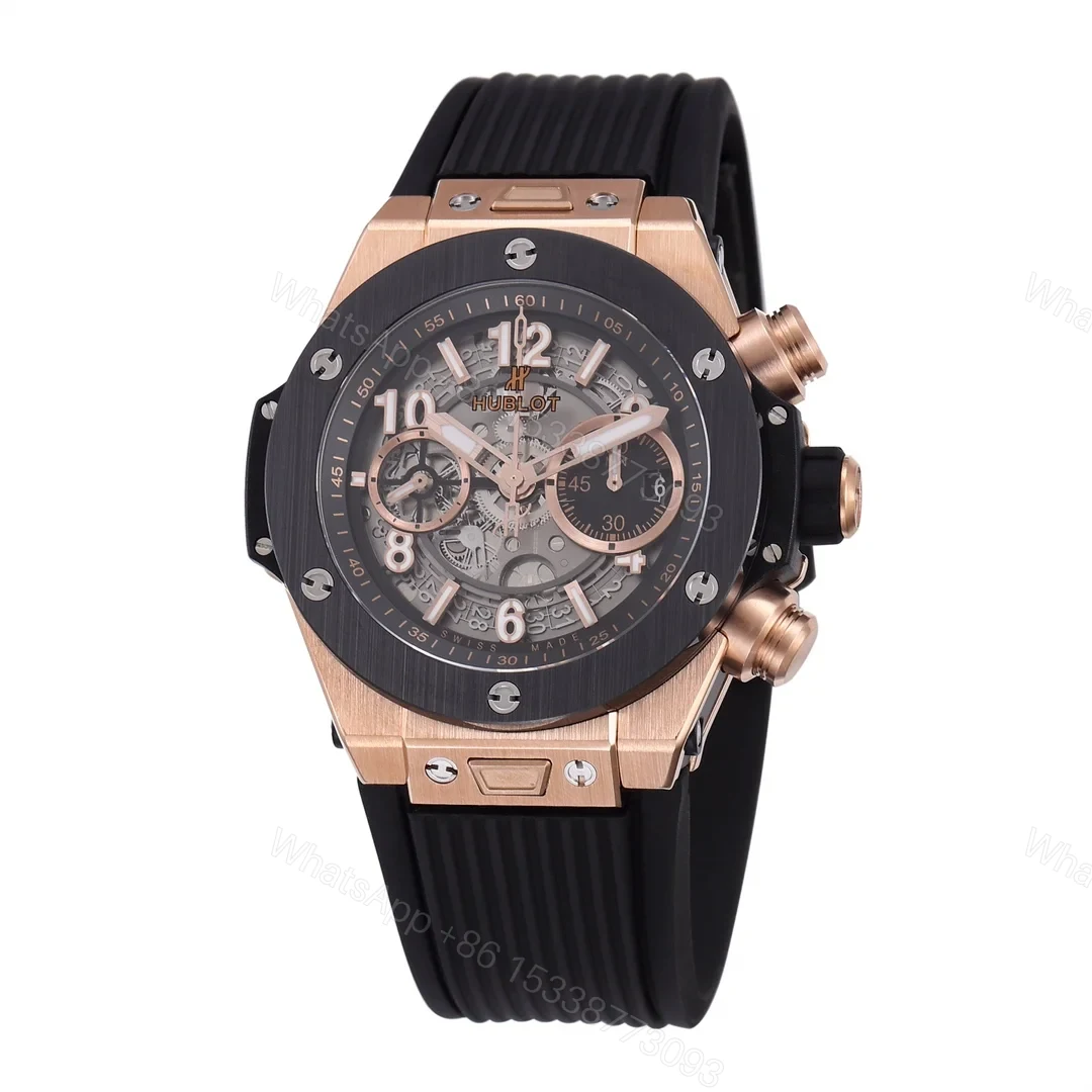 View 3 of Hublot Big Bang Rose Gold Replica 44MM Premium Black Bezel Rubber Strap Edition RG-HUBLOT-BIGBANG-RG-44