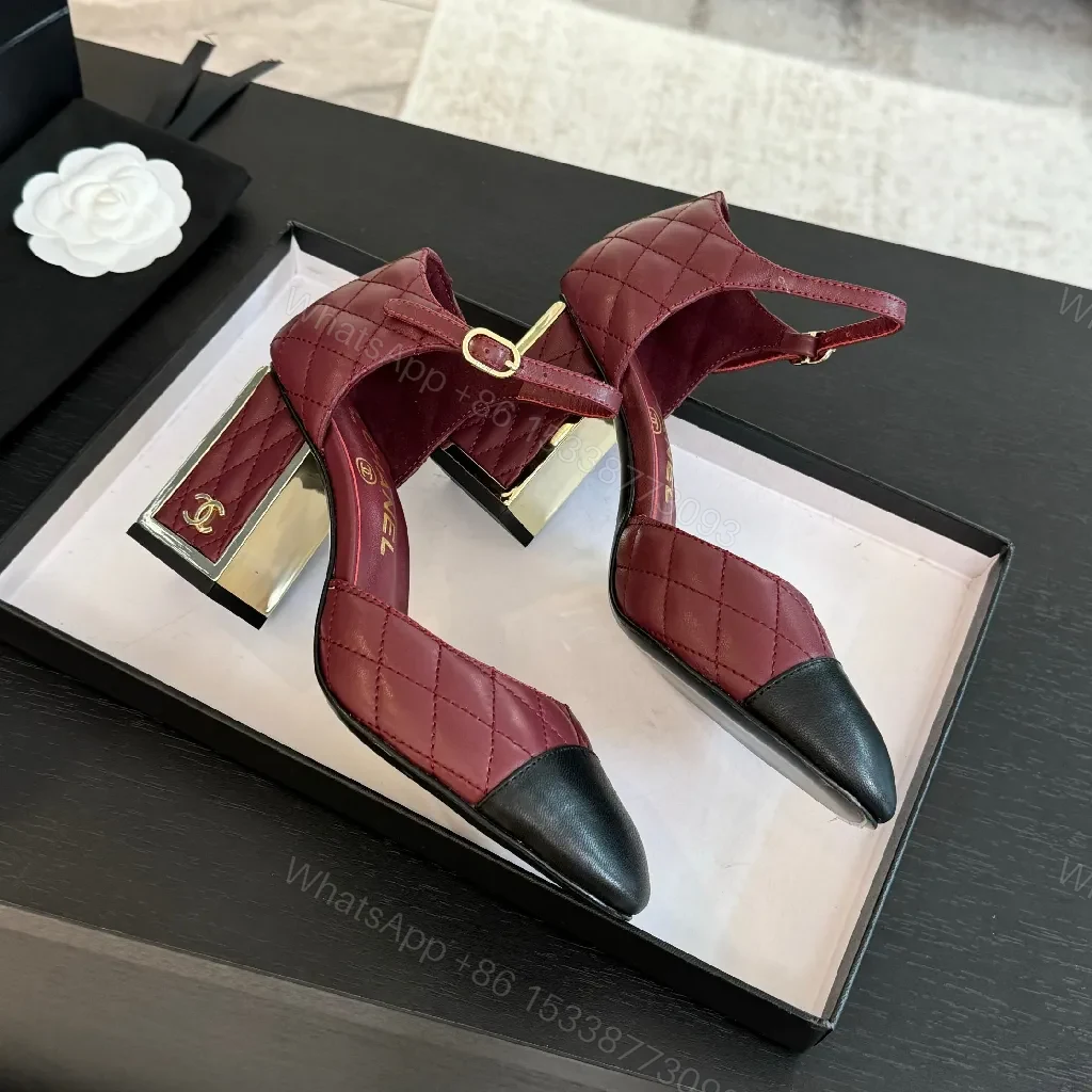 View 9 of Two-Tone Burgundy Quilted Mary Jane Heels with Black Cap Toe