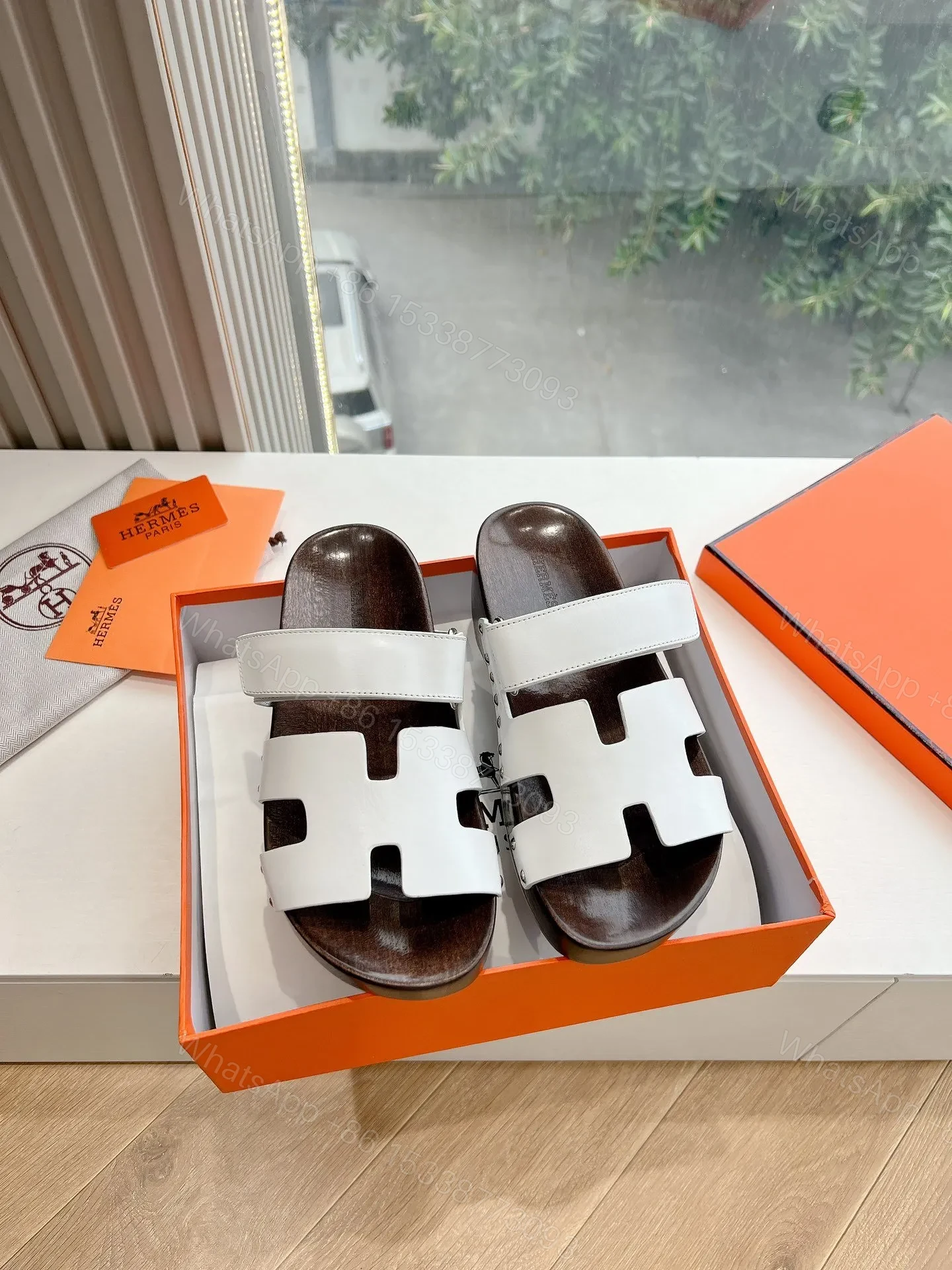 View 3 of Hermes Women White Leather Wood Insole Sandals