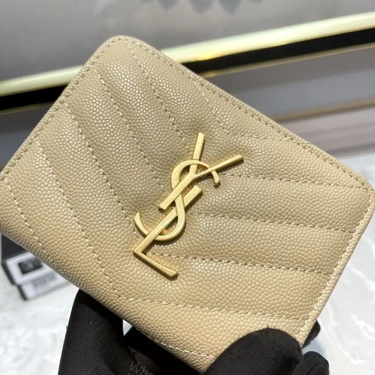 View 2 of Beige Quilted Wallet with YSL Hardware â€“ Compact Luxury Wallet