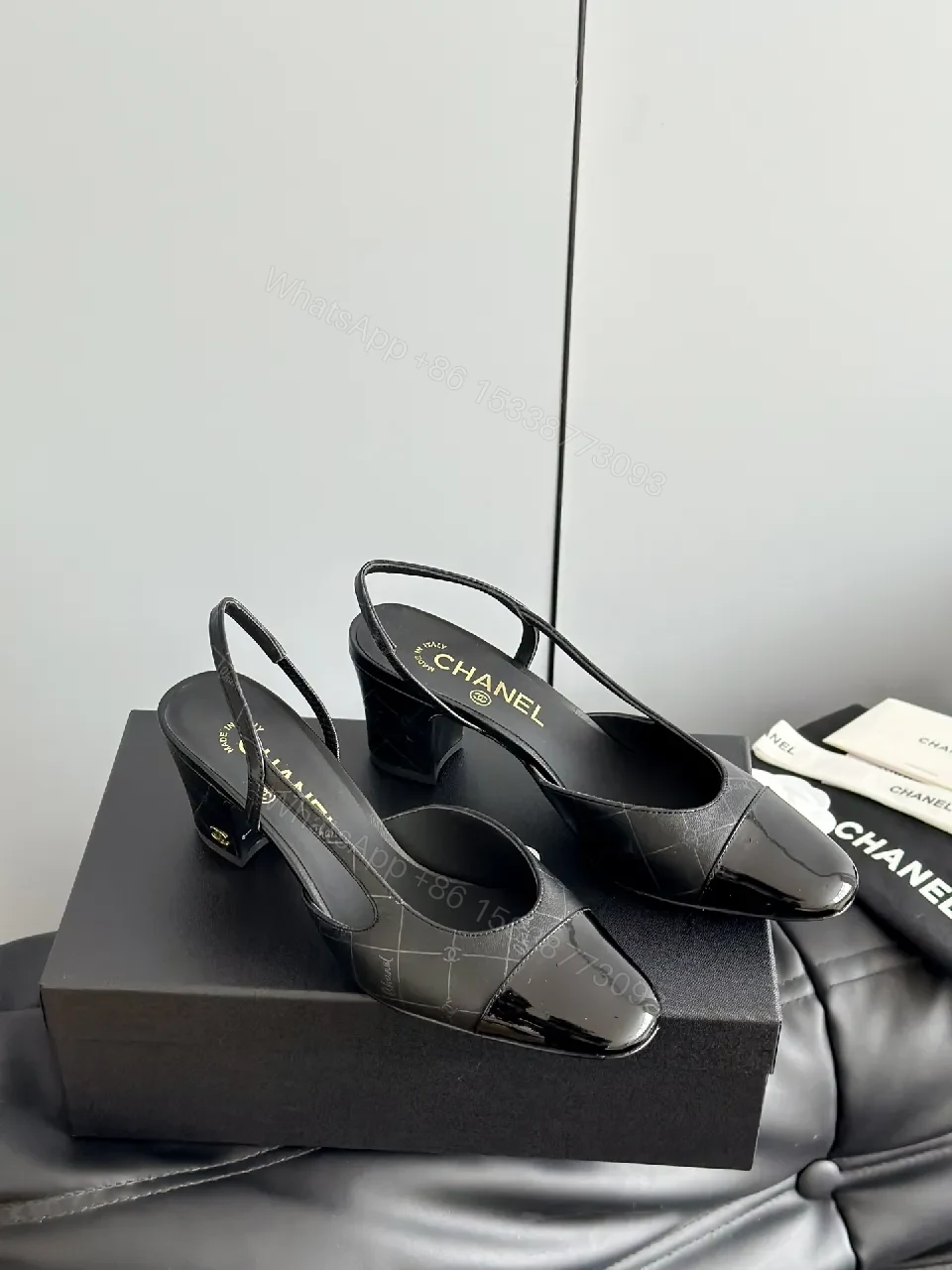 View 6 of Black Leather Slingbacks with Cap Toe – Quilted, Durable Comfort
