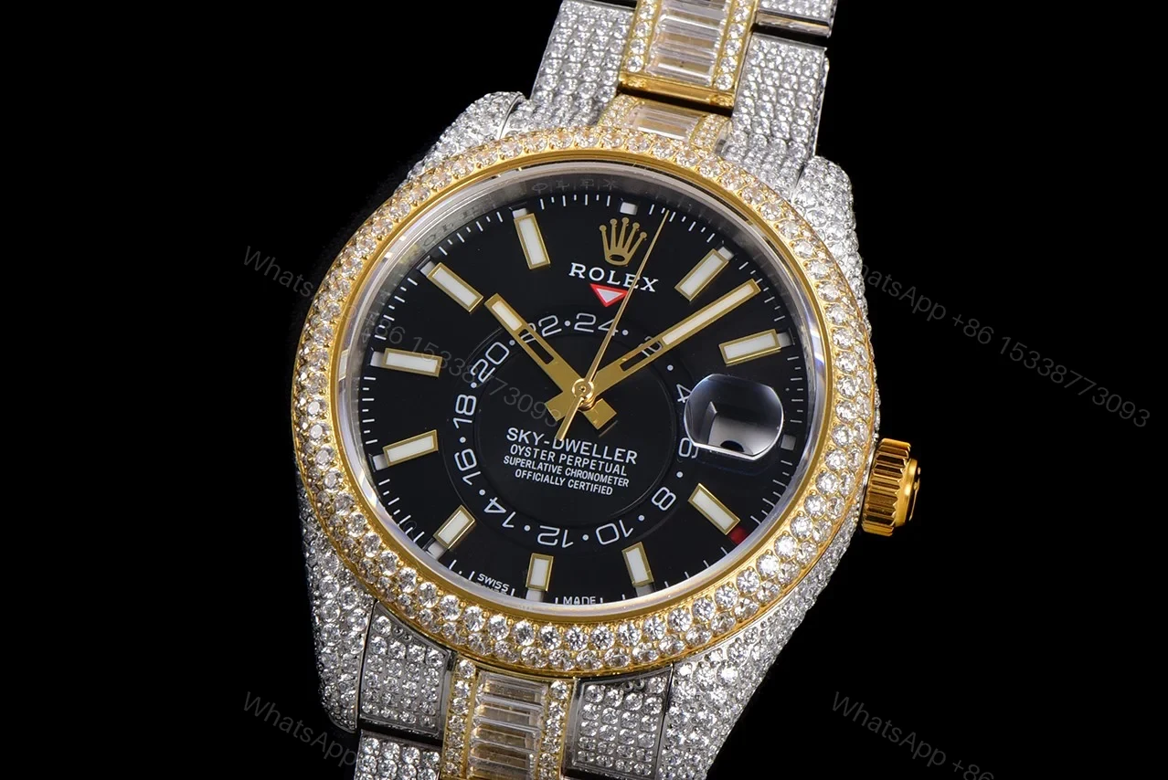 View 2 of Rolex Sky-Dweller Full Diamond Replica 42MM Exclusive Black Dial Two-Tone Bracelet RG-ROLEX-SKYDWELLER-DIAMOND-42