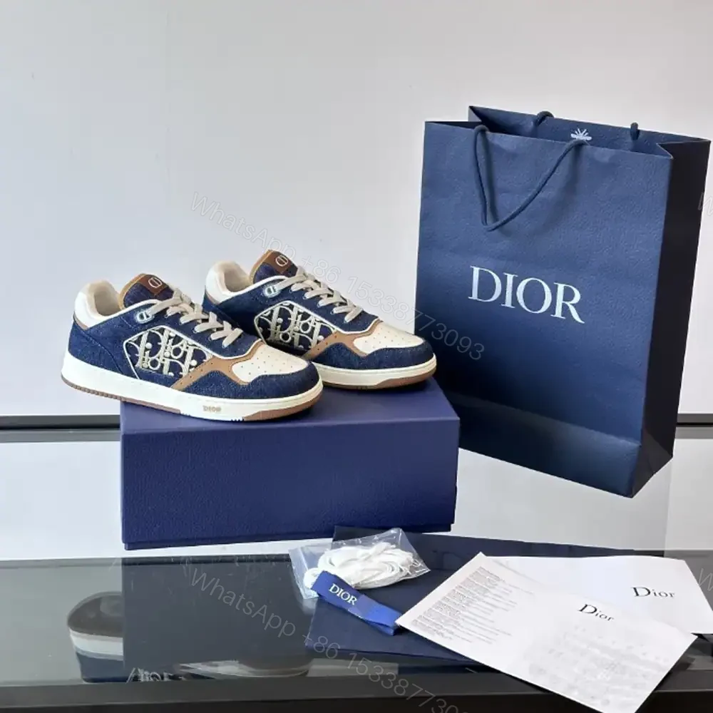 View 4 of DIOR B27 UPTOWN SNEAKERS BLUE DENIM WITH BEIGE AND COGNAC SMOOTH CALFSKIN – CD216