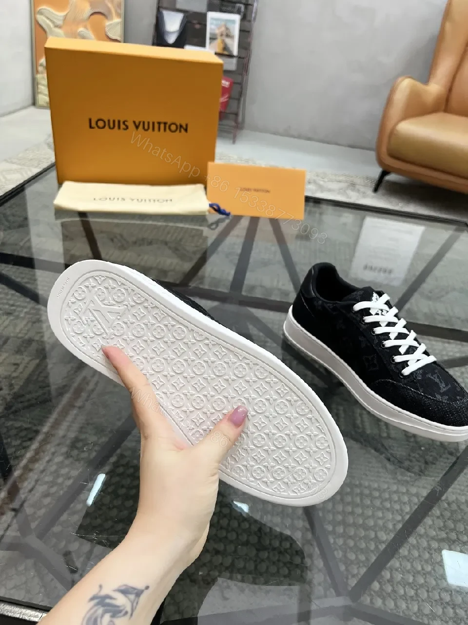 View 9 of Denim-Texture Sneakers with LV-Inspired Embroidery, All-Day Comfort