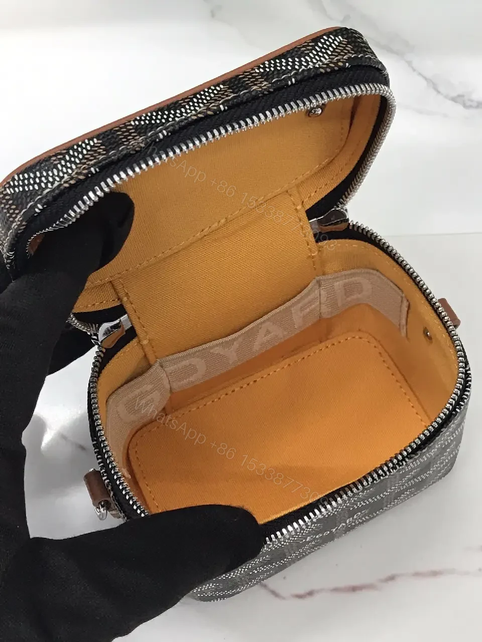 View 6 of Compact Luxury Patterned Mini Bag: Textured Canvas, Goyard Motif