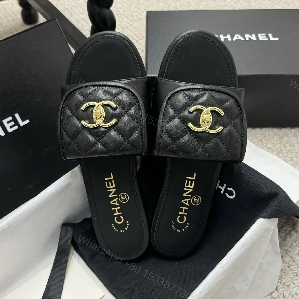 View 6 of Quilted Leather Slides with Gold Logo, Luxe Casual
