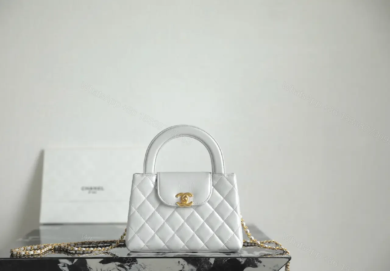 Quilted Satchel with Gold Hardware, White, Compact Style, Crossbody-ready Bag — view 1