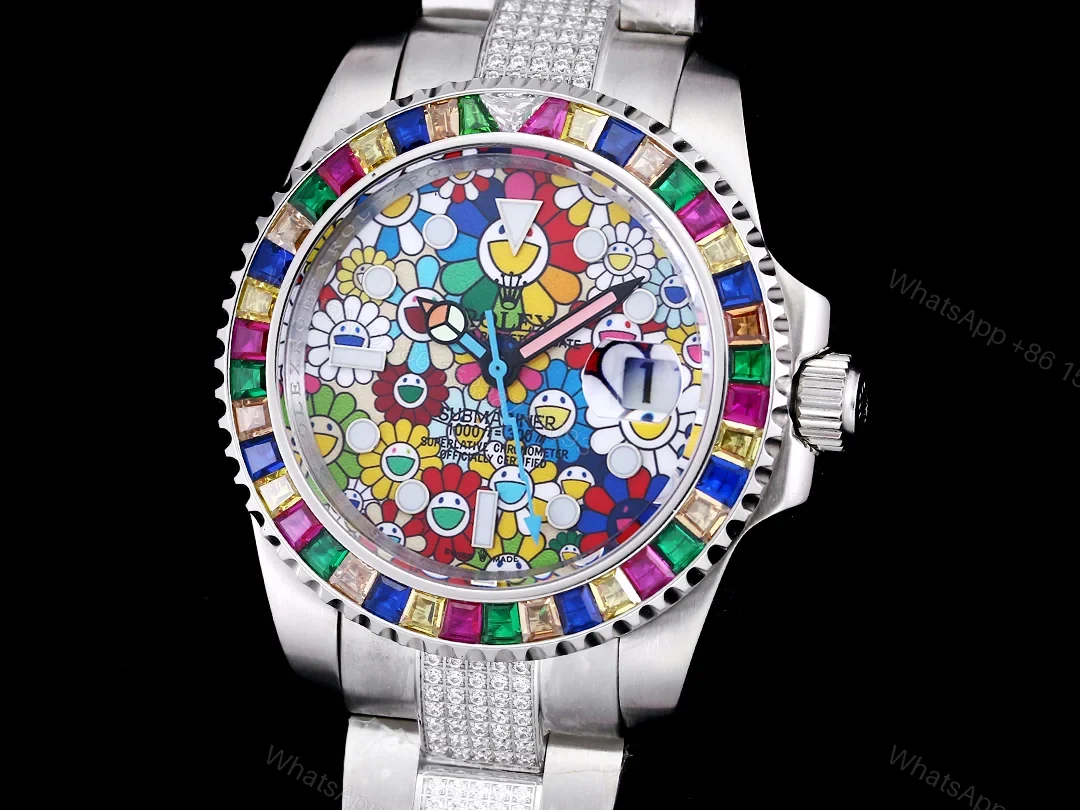 View 3 of Rolex Submariner Colorful Rainbow Replica 42MM Premium Pavé Oyster Bracelet RG-ROLEX-SUB-COLORFUL-RAINBOW-42