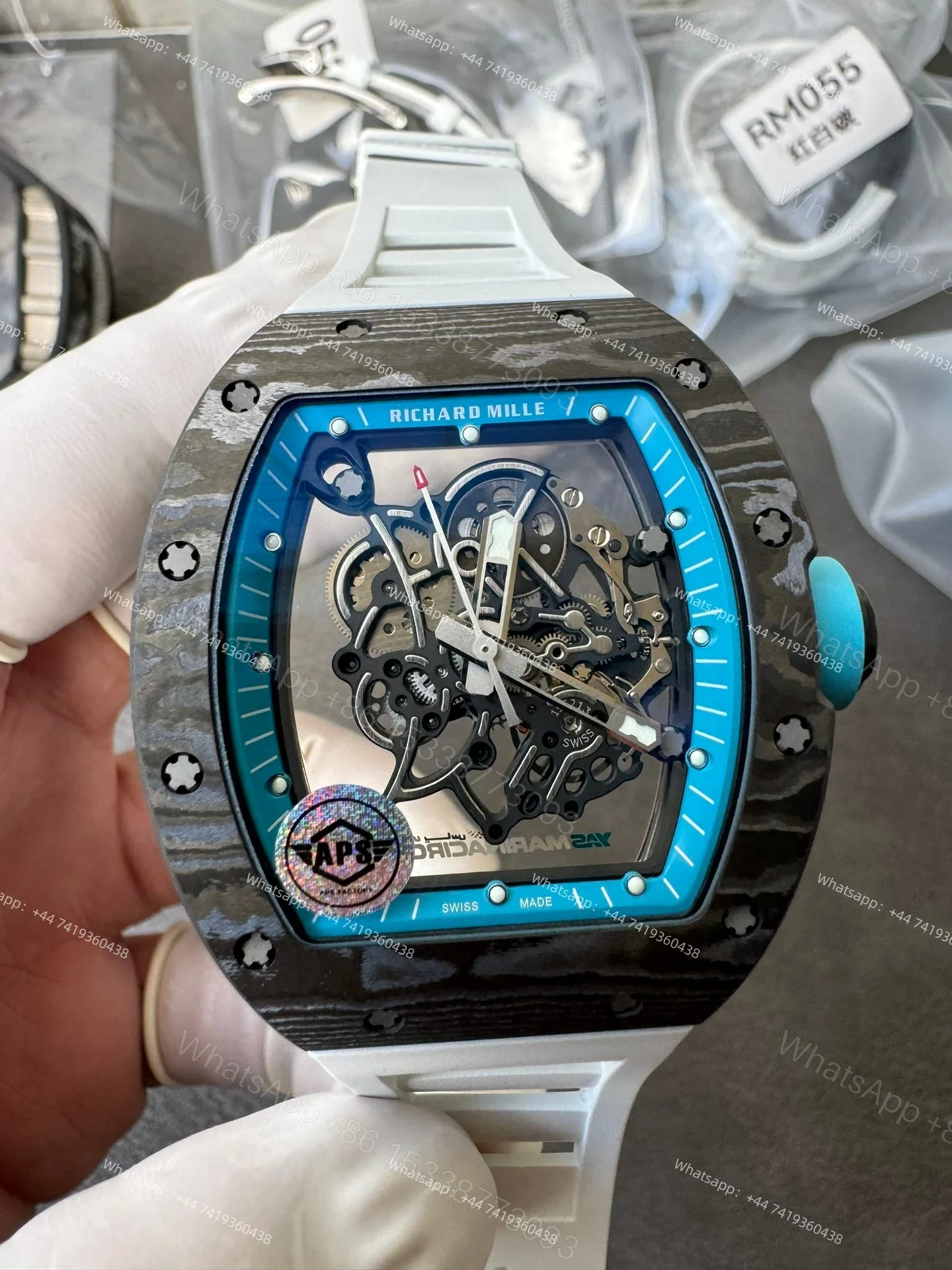 View 6 of Super Clone Richard Mille RM 055 Carbon TPT Blue Inner Bezel White Rubber Strap 1:1 Replica Watch