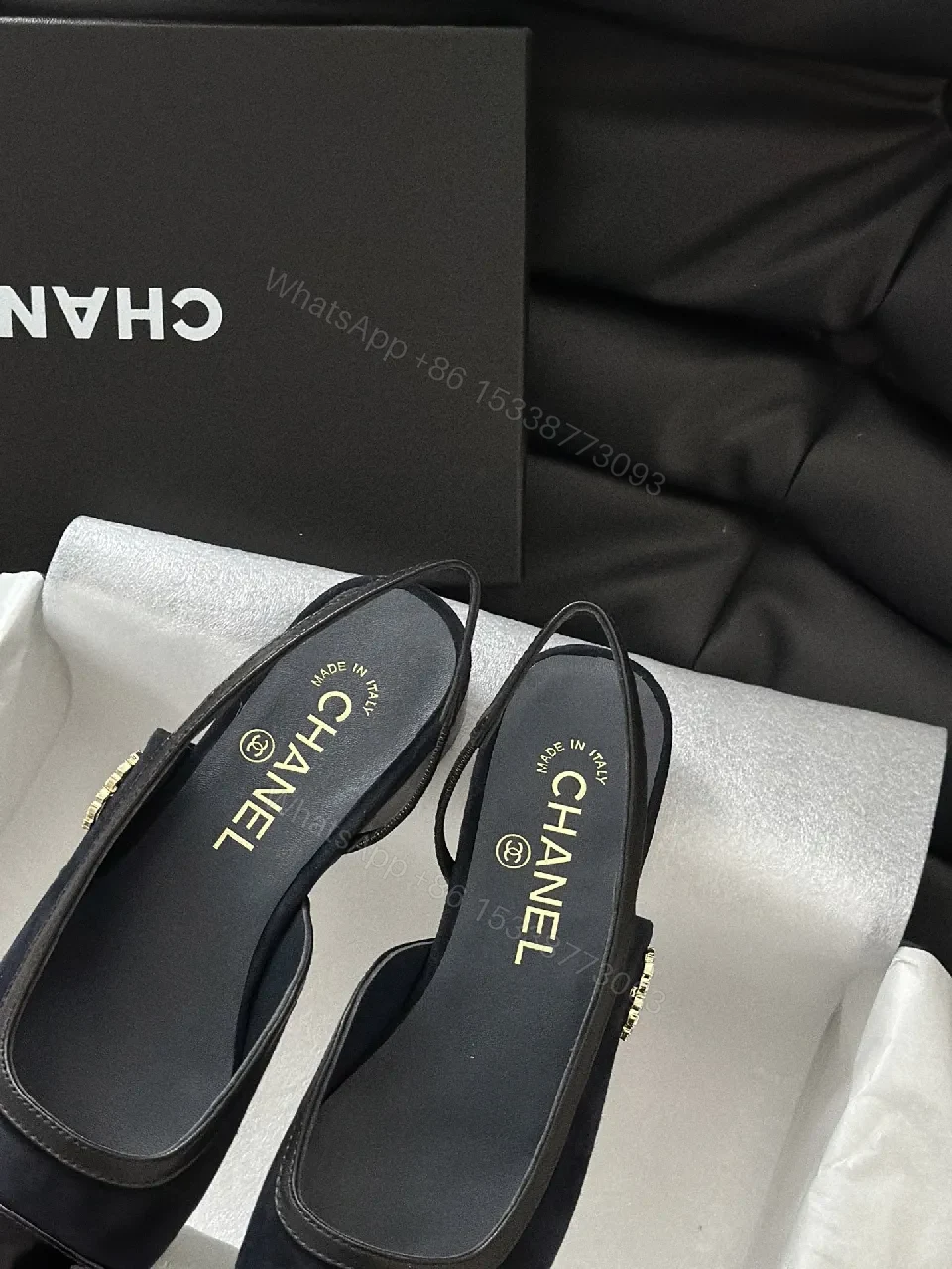 View 3 of Lux Satin Sling-Back Sandals: Navy with Logo Accent