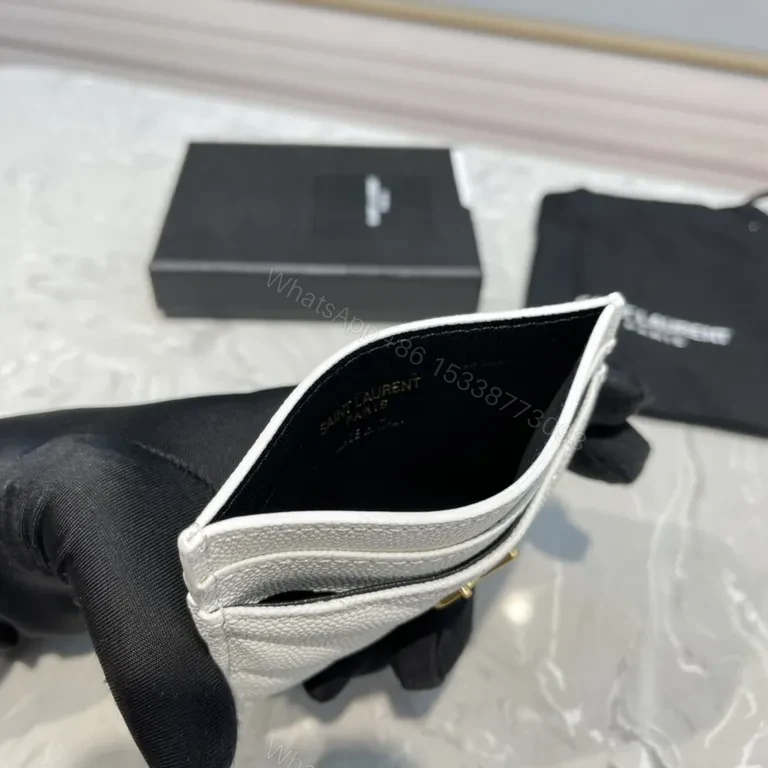 View 6 of White Textured Leather Cardholder with Gold YSL Emblem
