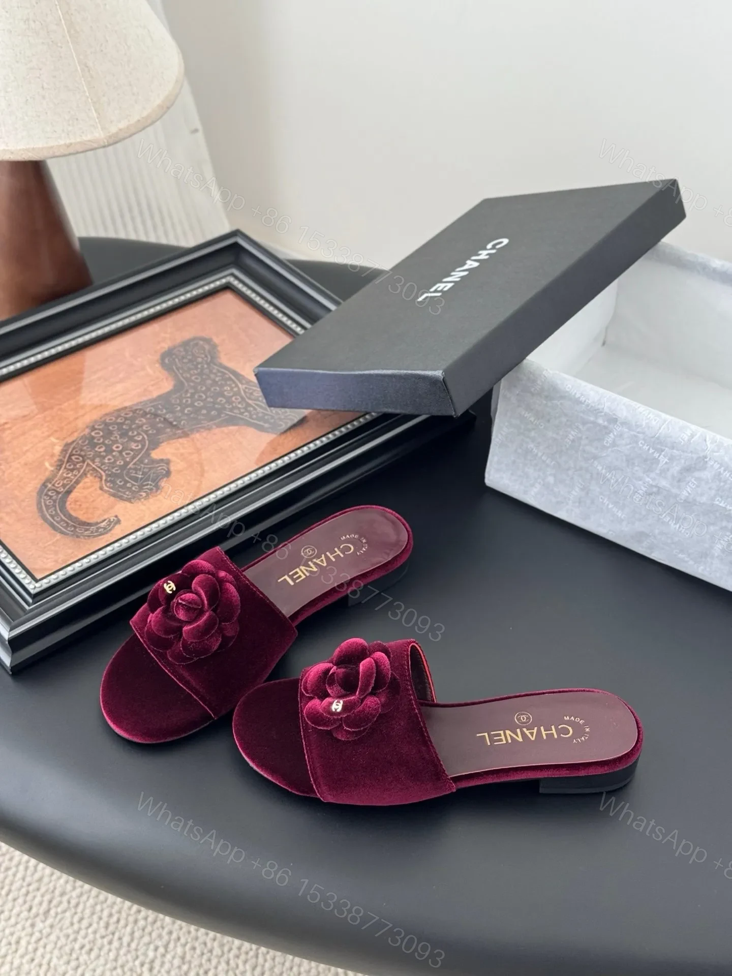View 2 of Chanel Women Burgundy Velvet Slides