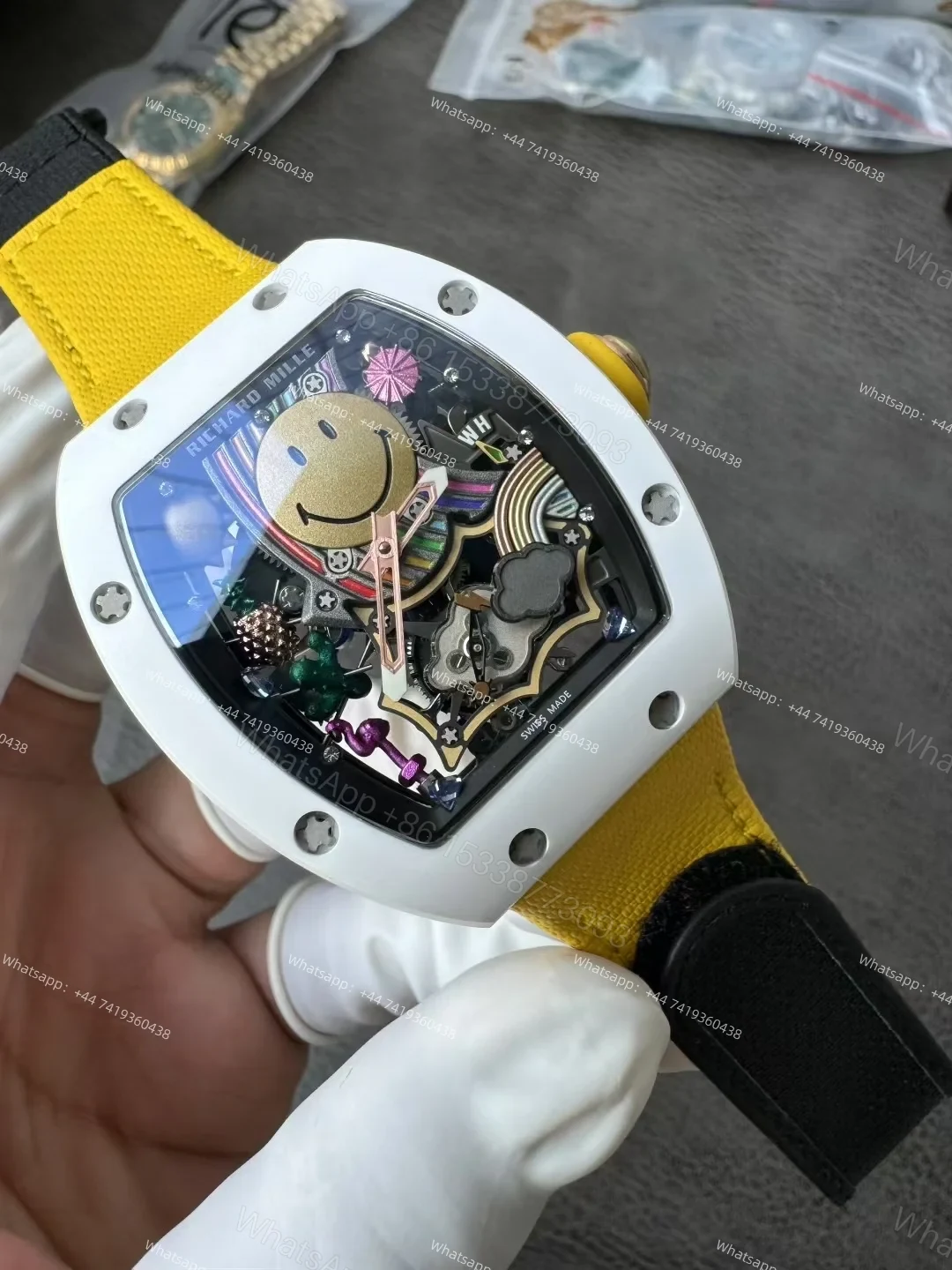 View 2 of Super Clone Richard Mille RM 88 Smiley White Ceramic Yellow Strap 1:1 Replica Watch