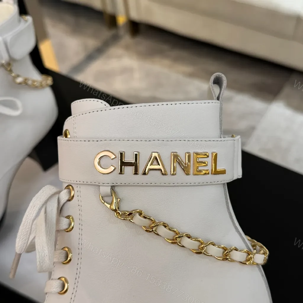 View 3 of White Leather Combat Boots with Gold Chain Detail