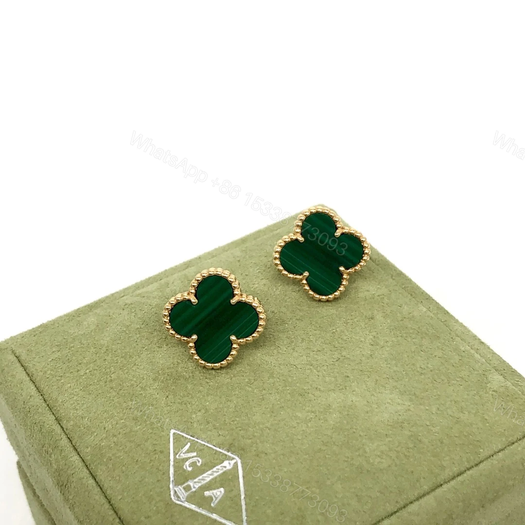 VCA Vintage Alhambra Earrings, 18k Yellow gold, Malachite — view 1