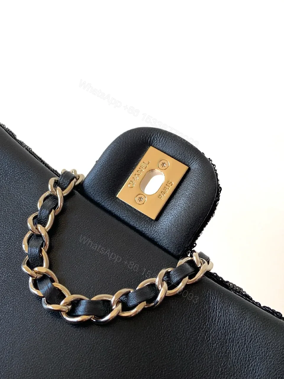 View 6 of Compact Black Sequin Handbag with Chain Strap