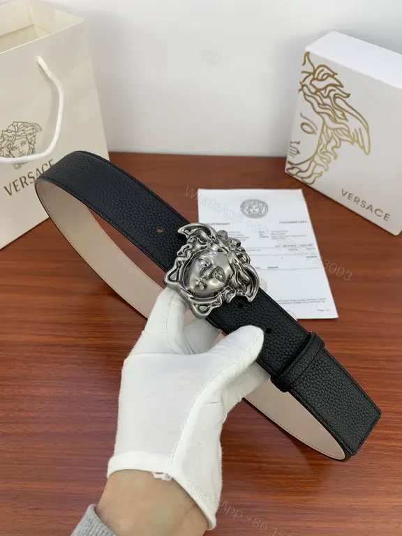 View 9 of Medusa Buckle Leather Belt - Luxury Gold Accent, Versace-inspired Style