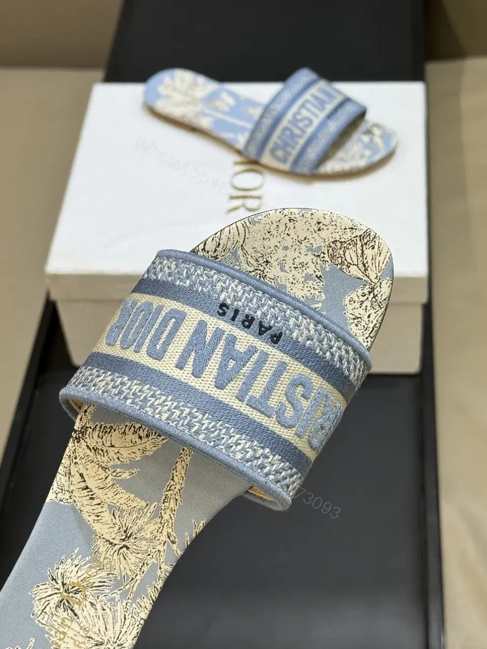 View 2 of Blue Denim Slide Sandals Palm Print Christian Dior Style Logo Strap Sandals