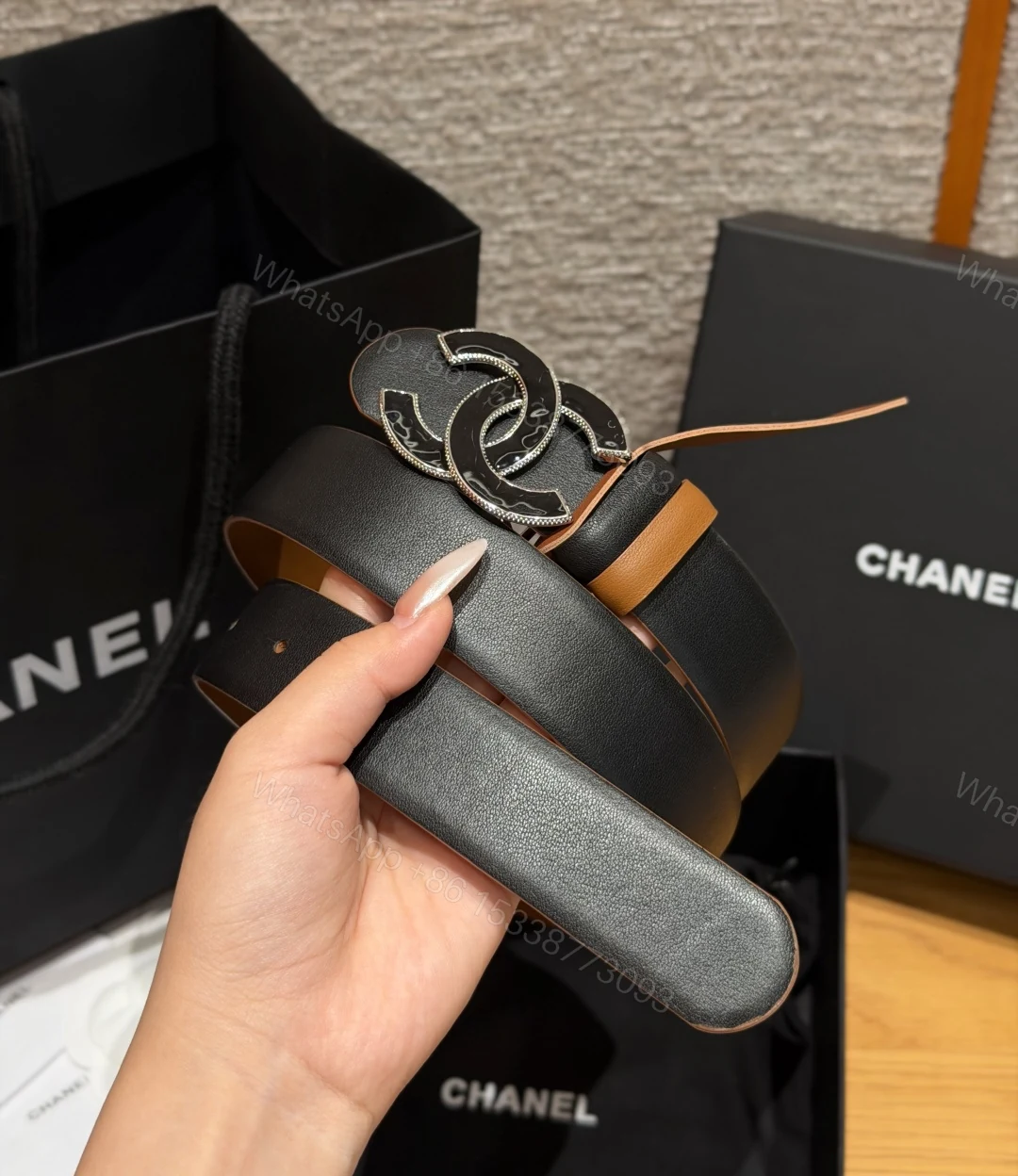 Chanel高仿黑棕色琺瑯雙C扣女士腰帶 — view 1