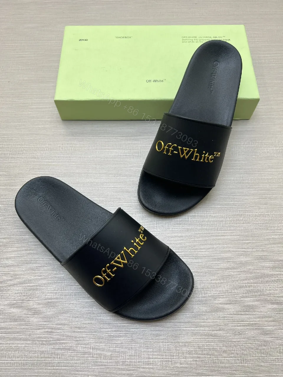 View 8 of Chic Faux-Leather Slide Sandals with Gold Logo Comfort